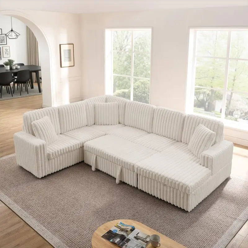 Modern Minimalist U-shaped Corduroy Striped Sofa, Pull-out Bed & Storage Chaise, Soft Beige Couch - Assembly Required