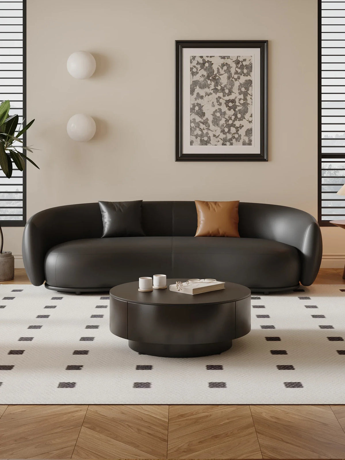 small apartment curved beauty salon Internet celebrity clothing store, rest area negotiation, black leather sofa