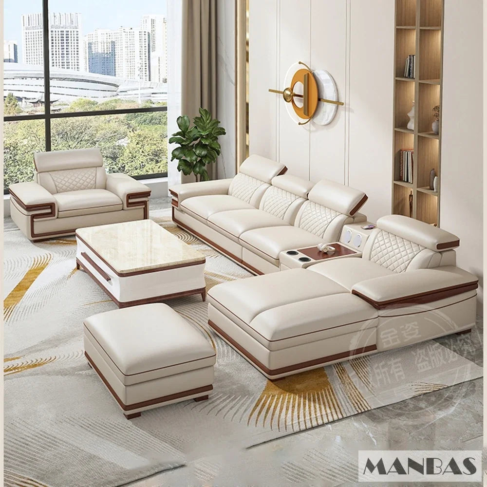 MINGDIBAO Premium Italian Genuine Leather Sofa Set for Living Room with Adjustable Headrests and Built-in Bluetooth Speaker, USB