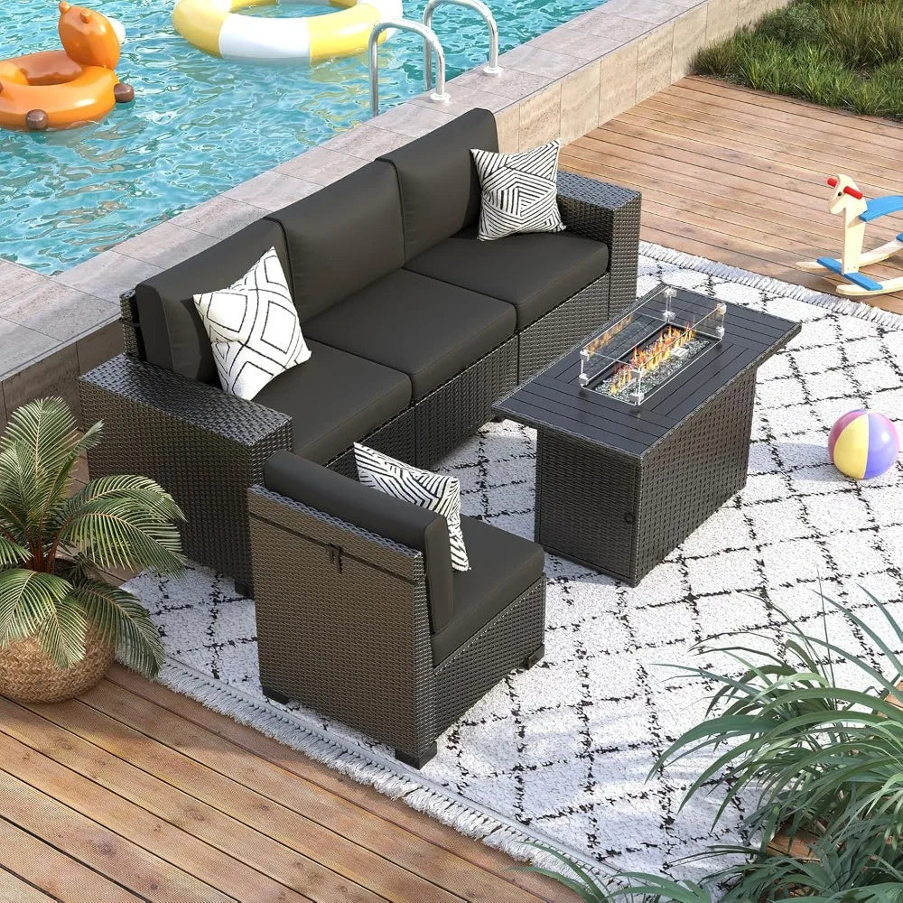 black wicker outdoor sectional sofa set with fire pit table for patio conversation