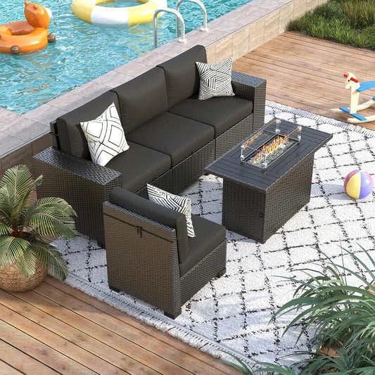 black wicker outdoor sectional sofa set with fire pit table for patio conversation