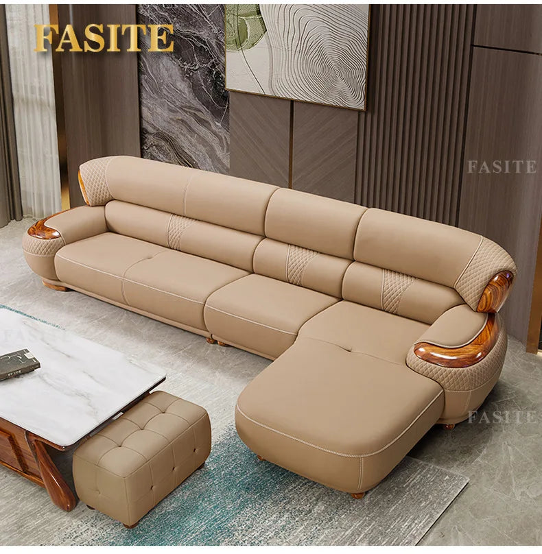 New Chinese ebony leather sofa high-end villa living room leather art home simple solid wood cowhide corner combination