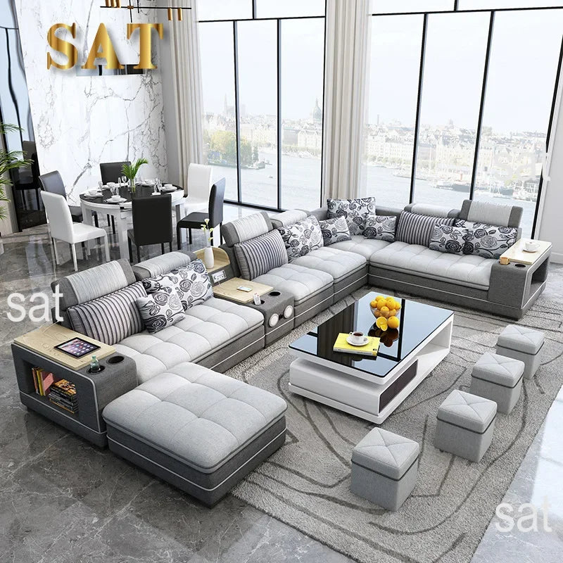 -Modern luxury premium genuine leather fabric wedding sectionals sofa couch set U shape sofas couchs bed living room furniture