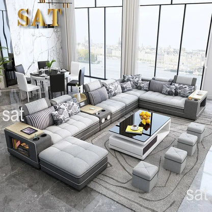 -Modern luxury premium genuine leather fabric wedding sectionals sofa couch set U shape sofas couchs bed living room furniture