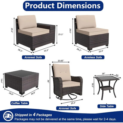 9-Piece Outdoor Patio Furniture Set with 2 Swivel Chairs and Sectional Sofa for Conversations in Brown