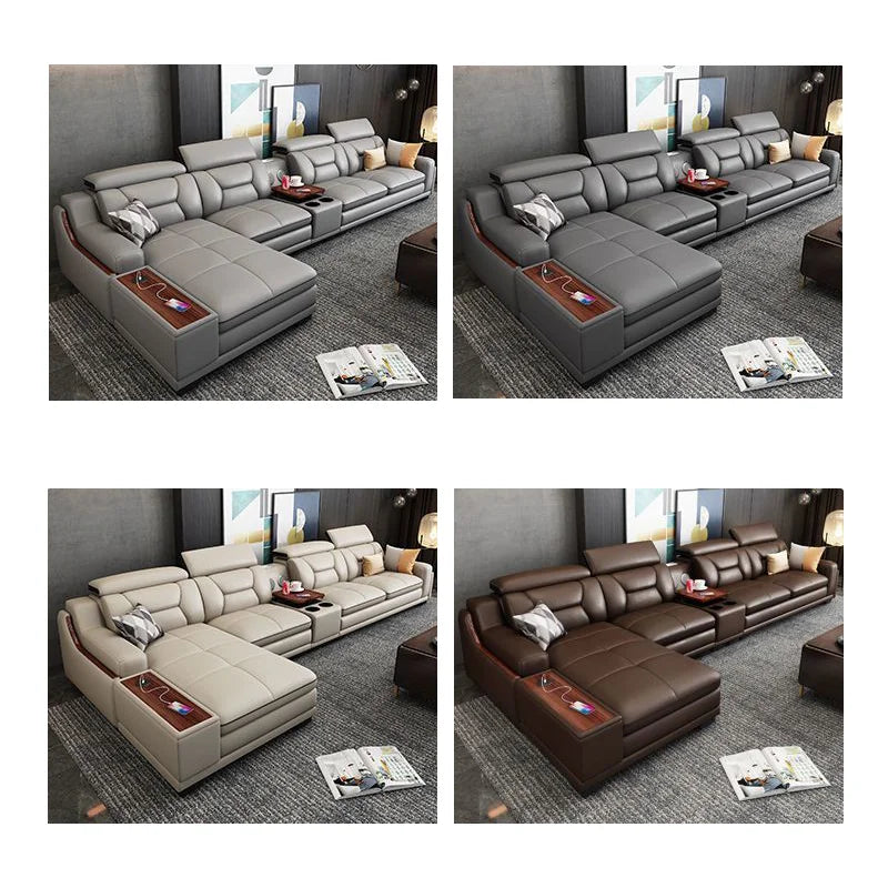 Wholesale Smart Leather Sectional Sofa Set with Bluetooth Speaker - Modern L-Shaped 7-Seater Luxury Living Room Furniture
