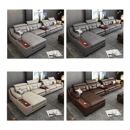 Wholesale Smart Leather Sectional Sofa Set with Bluetooth Speaker - Modern L-Shaped 7-Seater Luxury Living Room Furniture