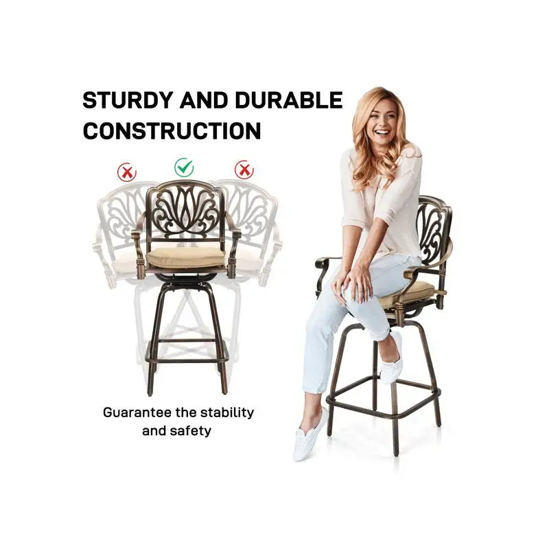 Outdoor Swivel Bar Stools Set of 2, Cast Aluminum Patio Bar Height Chairs, All-Weather Swivel Dining Chairs for Outdoor