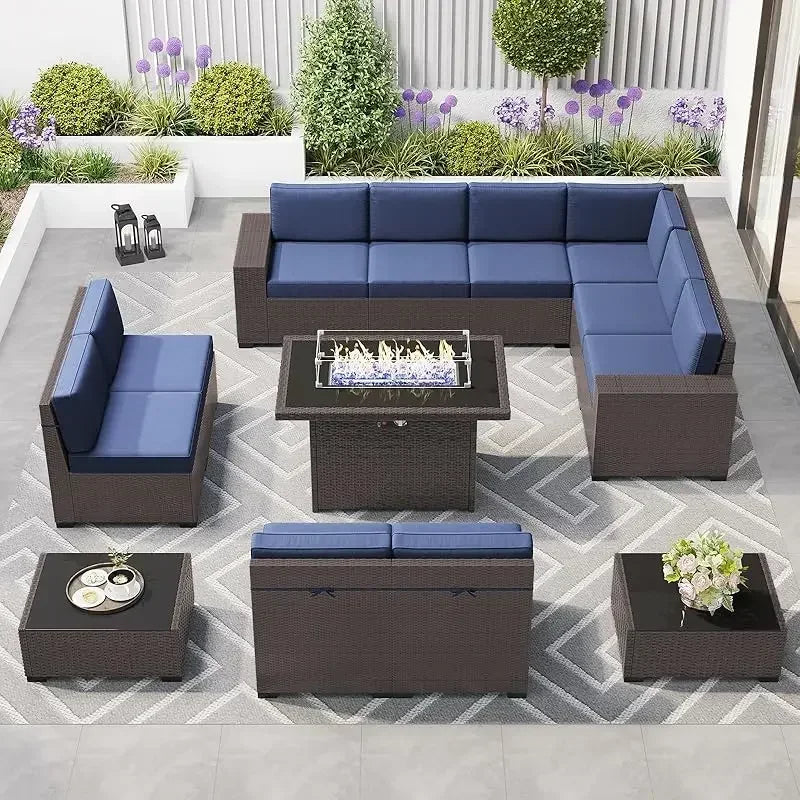 PatioLix 8 Piece Patio Furniture with 44"Propane Gas Fire Pit Table. Outdoor Sectional Conversation Set Wicker Rattan Sofa