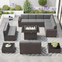 PatioLix 8 Piece Patio Furniture with 44"Propane Gas Fire Pit Table. Outdoor Sectional Conversation Set Wicker Rattan Sofa