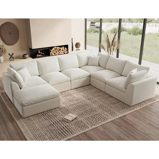 Oversized Cloud Couches for Living Room, Convertible Sectional Couch with Ottoman, 7 Seater Large Modular Sectional Sofa,