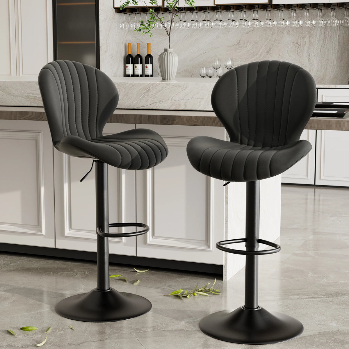 Chaise de bar 2 pièces, 360 °   Rotation, hauteur réglable, cuir artificiel rembourré avec dossier, adapté à la salle à manger