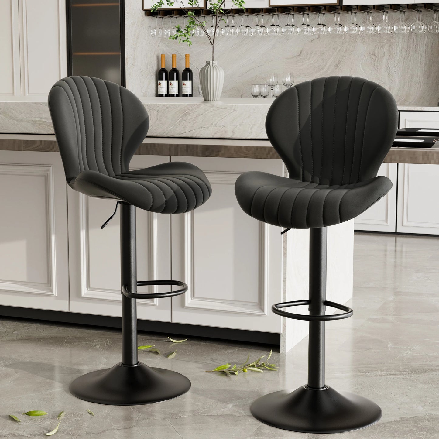Chaise de bar 2 pièces, 360 °   Rotation, hauteur réglable, cuir artificiel rembourré avec dossier, adapté à la salle à manger