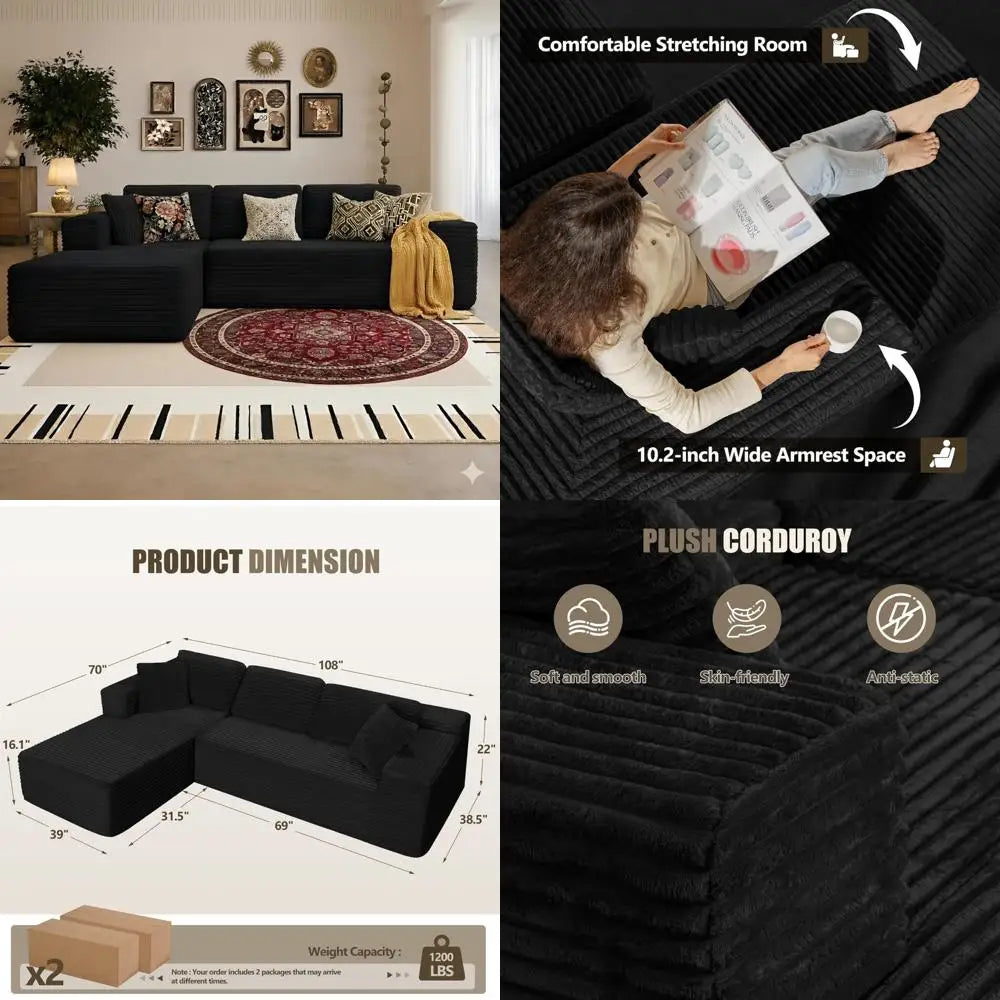 Modern Sectional Couch Sofa with L-Shape Chaise, Deep Seat Modular Living Room Furniture