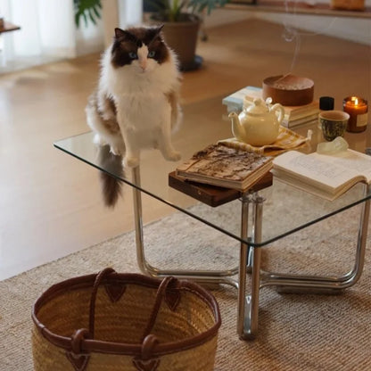 Retro Glass Coffee Table, Square Mid-Century Accent Table, Living Room Home Decor Furniture Side Tables