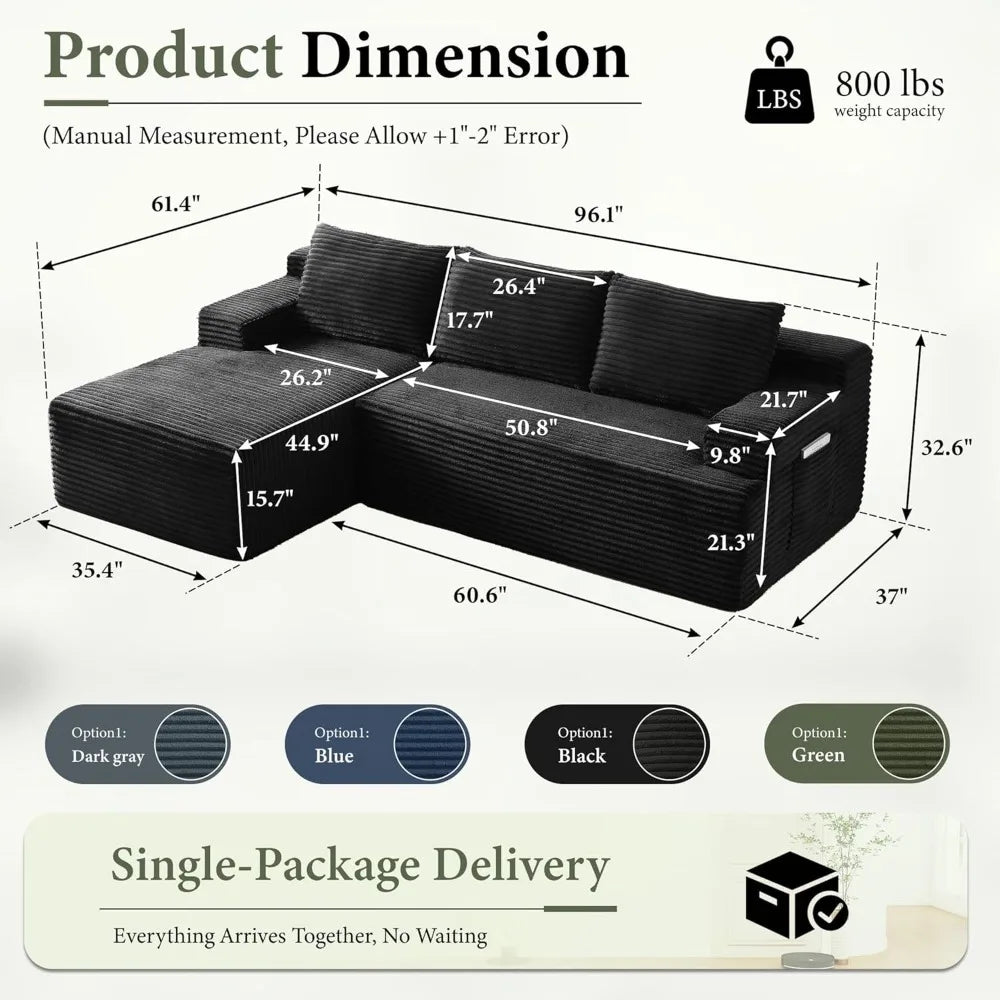 96" Sectional Couches for Living Room Cloud Couch Sofa with L-Shape Upholstered Boneless Couchs Modern Modular Sectional Couch