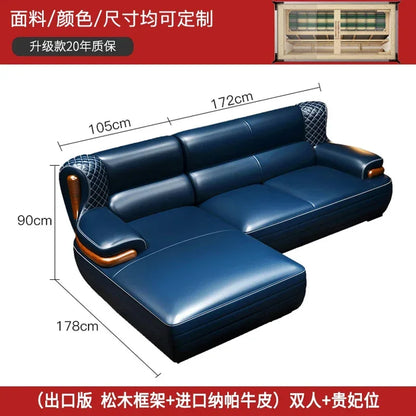 The first layer leather sofa high-grade villa solid wood high-end living room modern simple apartment blue Nordic style custom
