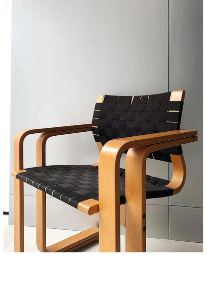 Nordic designer armrest dining chair solid wood medieval weaving home retro backrest chair