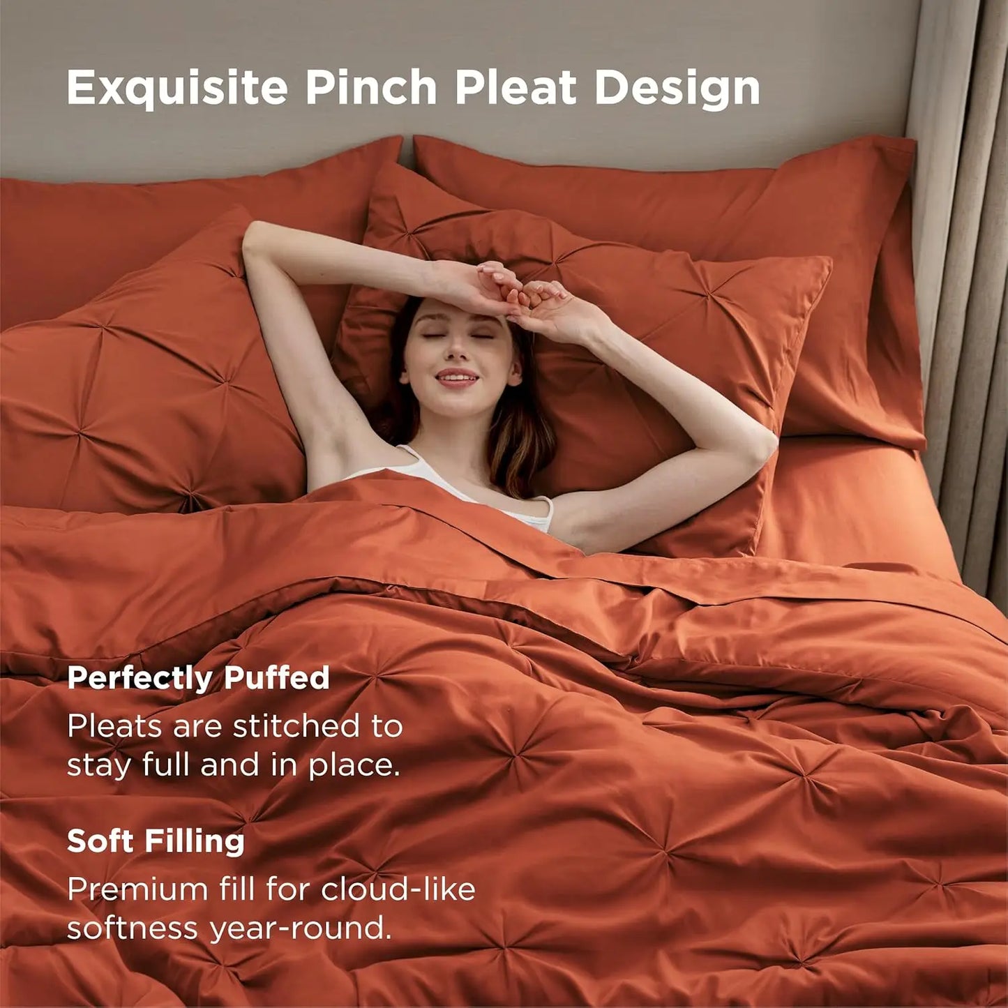 King Size Comforter Set Burnt Orange Bed in a Bag King Size 7 Pieces GentleSoft™ Pintuck Bed Set Gift for Family Pinch Pleat Bur
