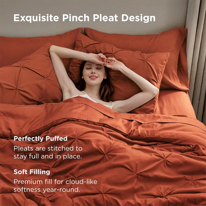 King Size Comforter Set Burnt Orange Bed in a Bag King Size 7 Pieces GentleSoft™ Pintuck Bed Set Gift for Family Pinch Pleat Bur