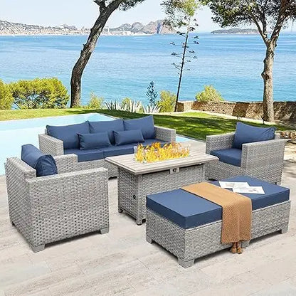 Patio Furniture Set 6 Piece Grey Wicker Outdoor Furniture Patio Sectional Sofa Couch PE Rattan Conversation Sets with Fire Pit