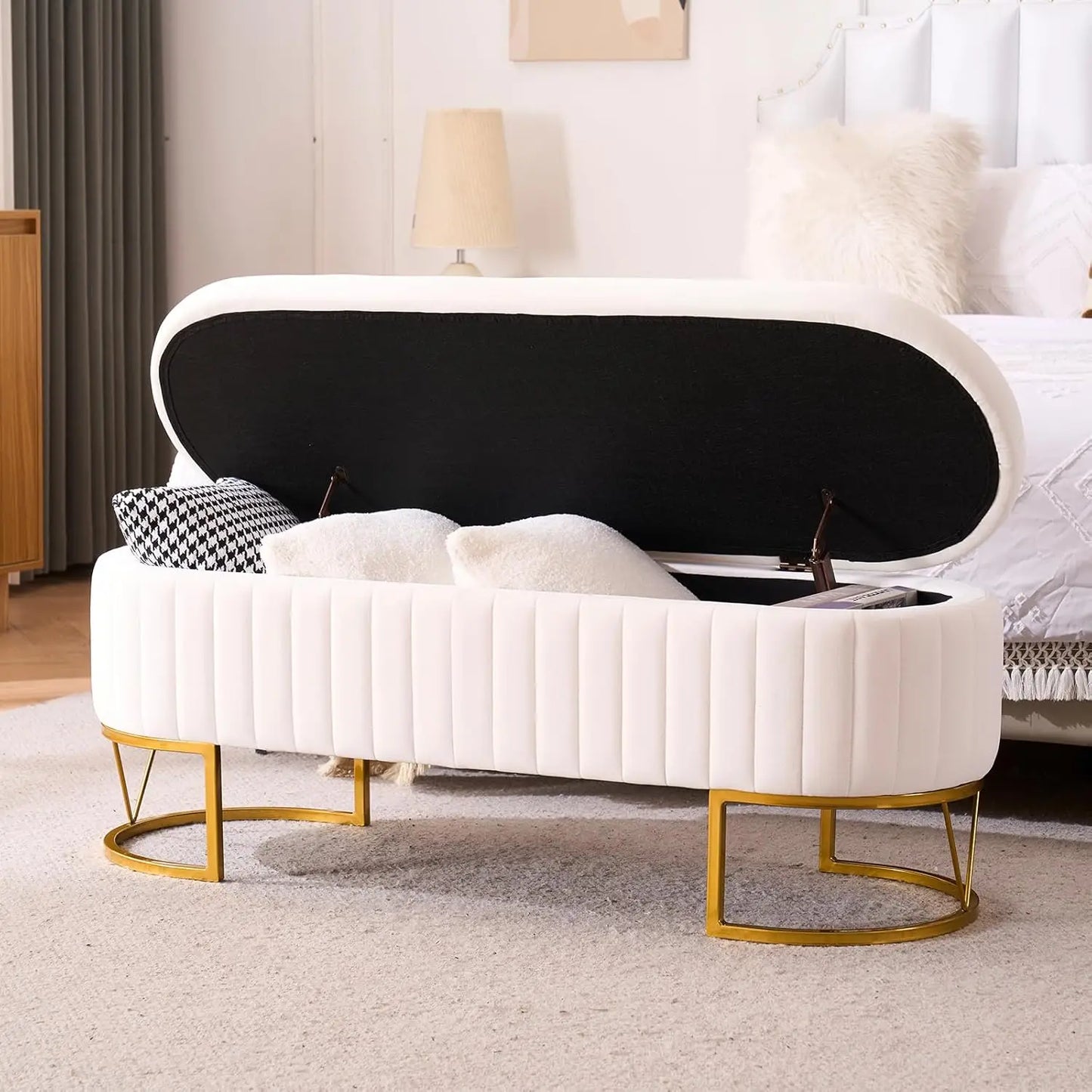46" Tufted Upholstered Ottoman Bench – Gold Metal Legs & Hidden Storage | Multi-Functional Footrest for Living Room, Bedroom