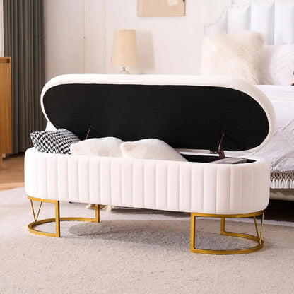 46" Tufted Upholstered Ottoman Bench – Gold Metal Legs & Hidden Storage | Multi-Functional Footrest for Living Room, Bedroom