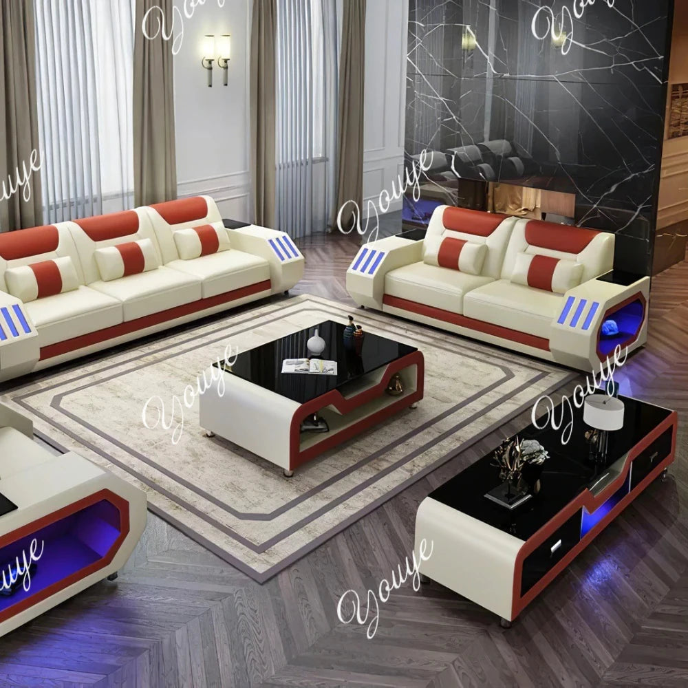 Futuristic LED Italian Genuine Leather Sofa Set – Modern Sectional Couch with Illuminated Arm Storage and High-Density Cushions