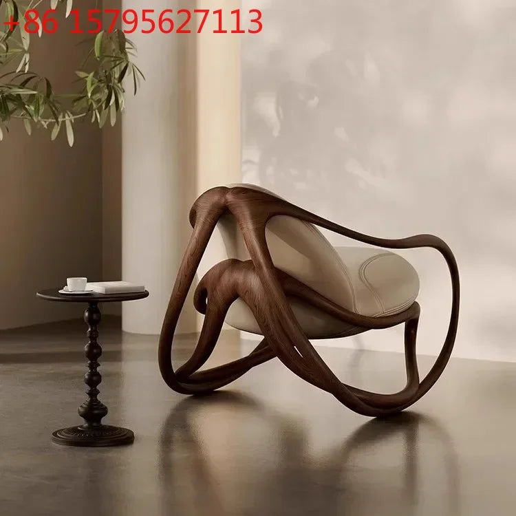 Italian leather sofa rocking chair solid wood black walnut balcony lazy lounge chair
