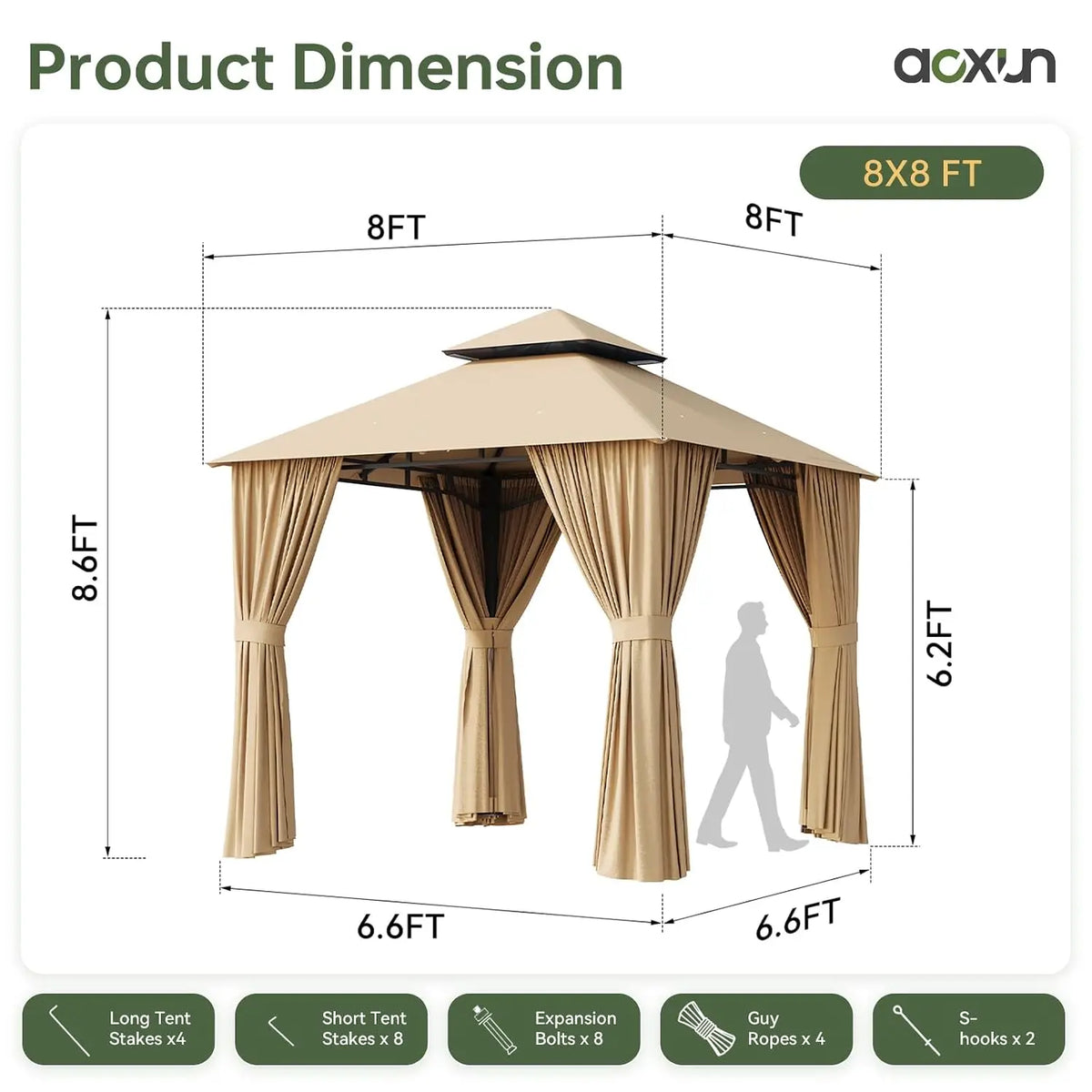 8x8 Gazebo with Curtain & Mosquito Netting Outdoor Heavy-Duty Party Tent with Double Roof, Patio Tent with Zipper, Custom