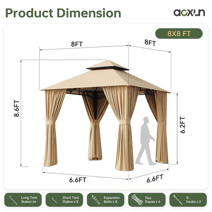 8x8 Gazebo with Curtain & Mosquito Netting Outdoor Heavy-Duty Party Tent with Double Roof, Patio Tent with Zipper, Custom
