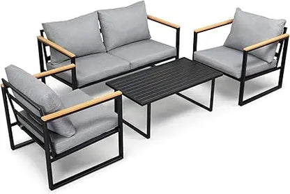 Outdoor Metal Patio Furniture Sets 4-Piece, Sectional Outdoor Conversation Sets w/Iron Coffee Table, Patio Couch with Rem