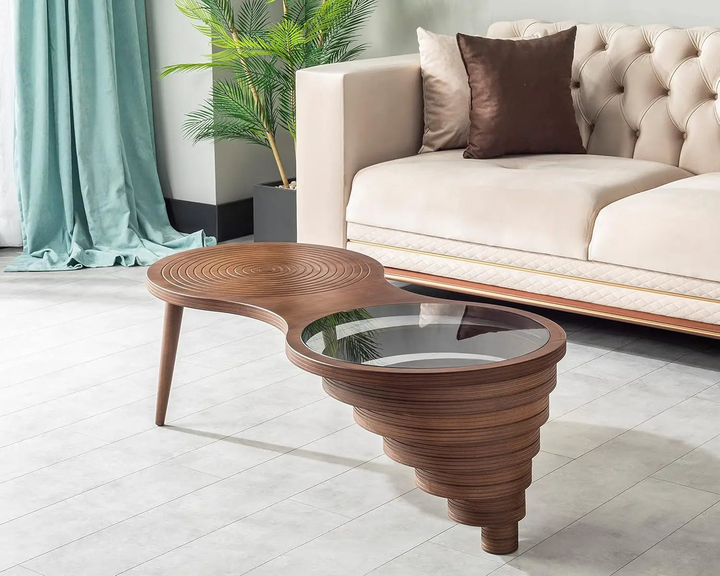 Table basse en bois en spirale avec plateau en verre, artisanale, moderne, pour salon, bureau, café, décoration, personnalisable