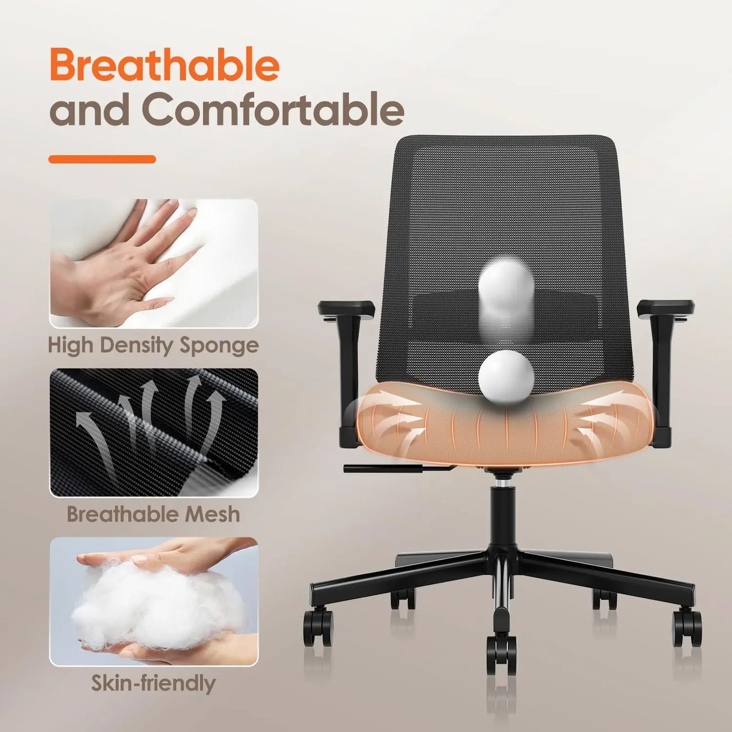 Ergonomic Office Chair with Lumbar Support, 3D Armrests, Tilt Function, Breathable Mesh for Home & Office