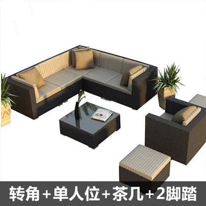 Outdoor rattan sofa, rainproof and sunscreen woven three piece set, tea table combination, outdoor furniture