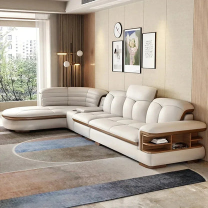Luxury L-Shaped Genuine Leather Sectional Sofa Sets with USB, Bluetooth Speaker - MINGDIBAO Living Room Italian Leather Couches