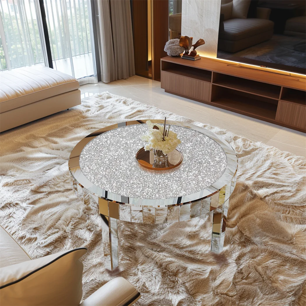 Luxury Coffee Table 80CM Round Mirrored Center Table with Crystal Diamonds, Inlay Accent Side Table for Living Room, Bedroom