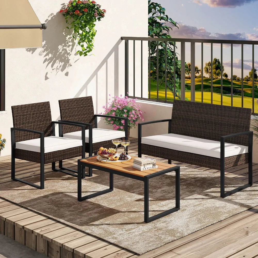 4 Piece Patio Furniture Set w/ Cushioned Chairs & Wood Plastic Coffee Table