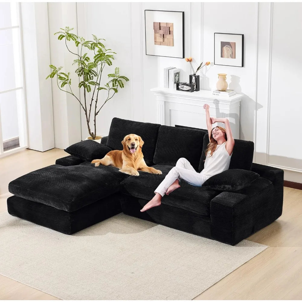 Black Cloud 98.4-Inch Sectional Sofa Corduroy L-Shaped Modern Upholstered Couch with Chaise Modular Sectional