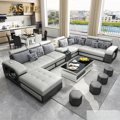 Fabric Sofa Set Furniture Living Room with USB and Stools / Big U Shape Cloth Couch for Home Furniture
