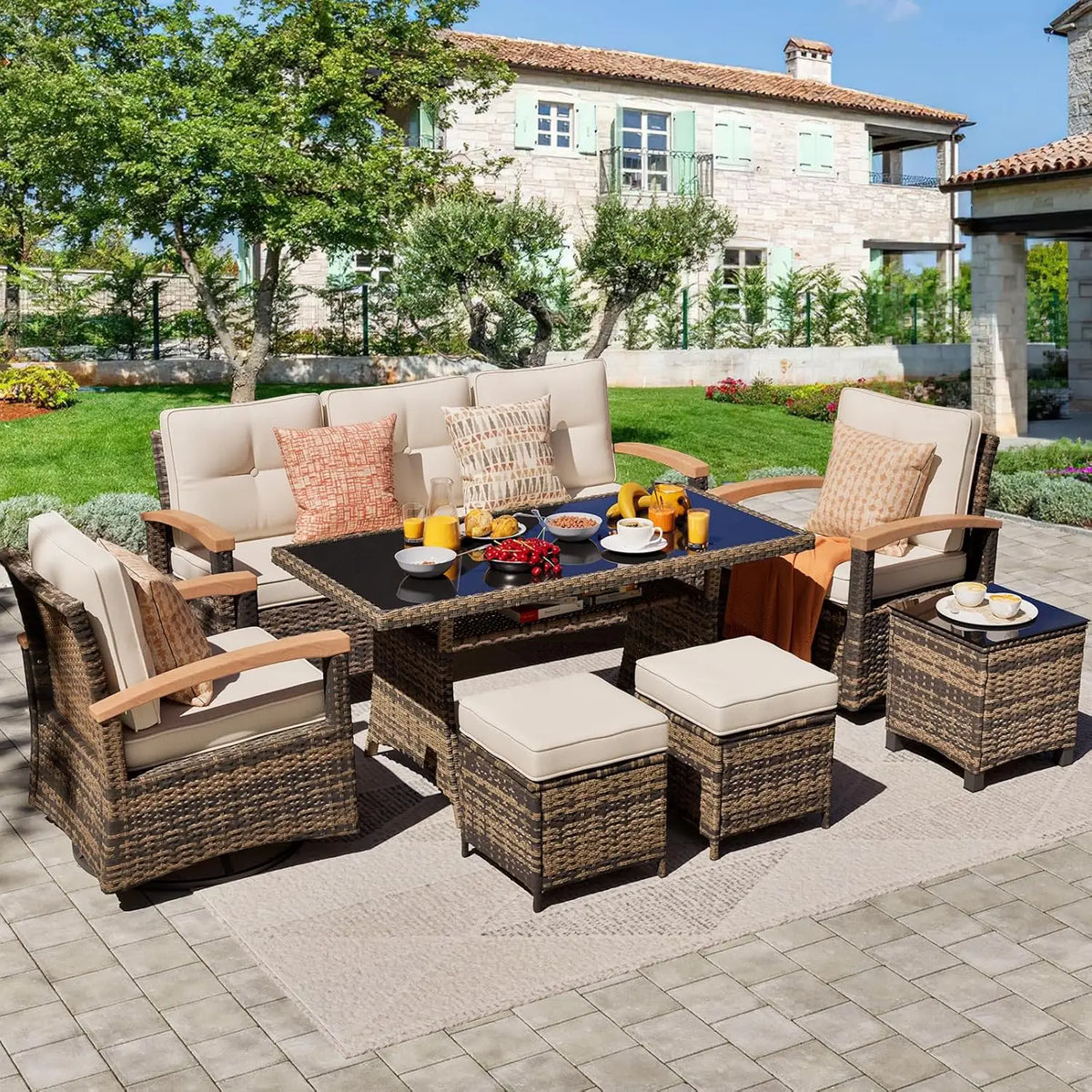 7 Pieces Patio Furniture Set with 44” Fire Pit Table Wicker Rattan Sectional Conversation Set with Coffee Table and 4”