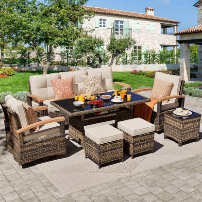 7 Pieces Patio Furniture Set with 44” Fire Pit Table Wicker Rattan Sectional Conversation Set with Coffee Table and 4”