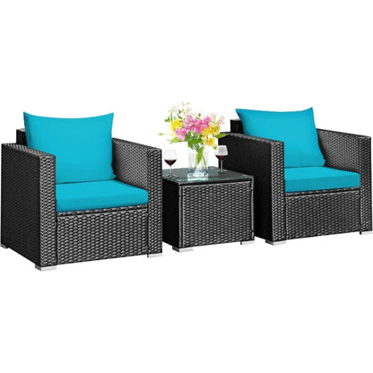 Hot Sale.3 Pieces Patio Furniture Set, PE Rattan Wicker Sofa Set w/Washable Cushion Cover and Tempered Glass Tabletop-NEW