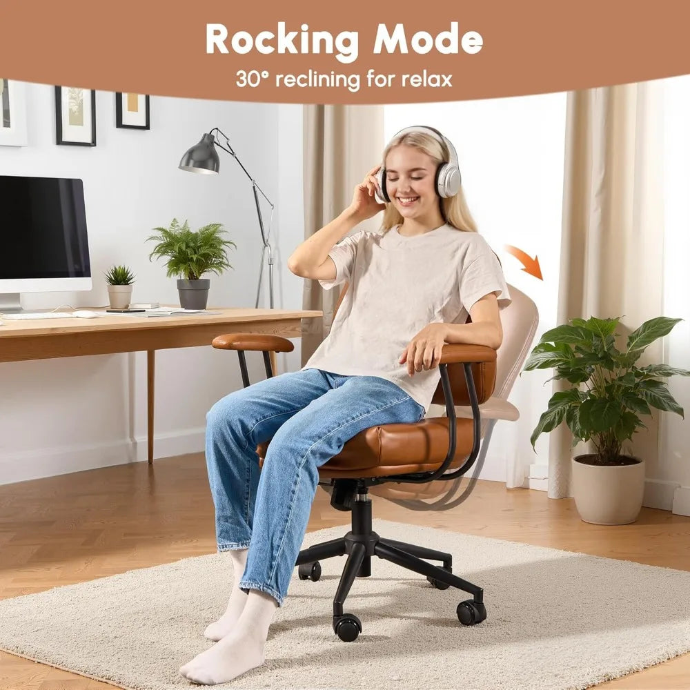 Mid Century Modern Office Chair,Mid Back Ergonomic Faux Leather Desk Chair with Lumbar Support,Rolling Swivel Task Computer Chai