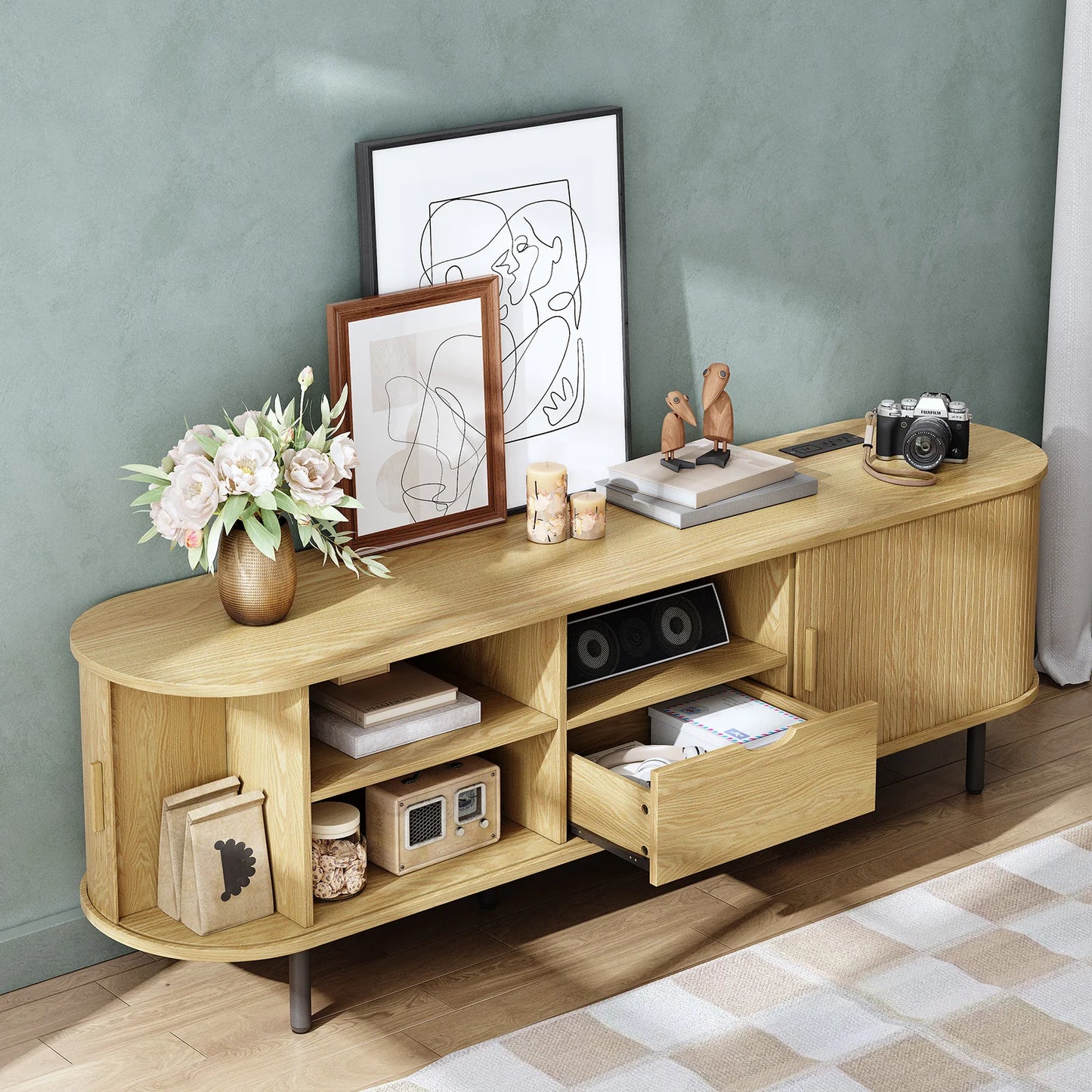 69" TV Stand w/ Power Outlet for TVs up to 80",Entertainment Center w/ Storage & Drawer,TV Console w/ Adjustable Shelves