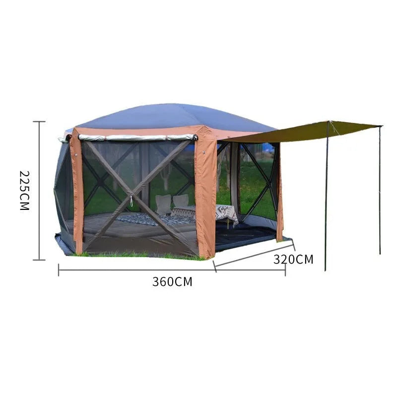 Large Space Tents Hexagonal with Awning Waterproof Camping House Tent UV Protection Family Outdoor Camping Hiking Picnic Tents