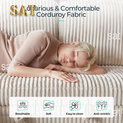 Convertible Plush Corduroy Cloud Couch with Storage Chaise & USB Charging