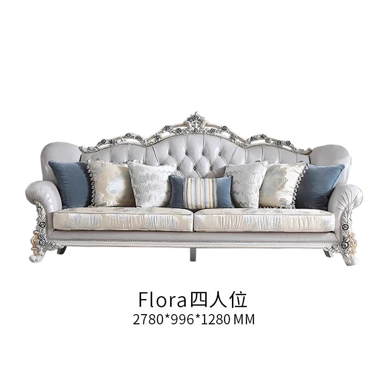 French light luxury living room large apartment first layer cowhide European solid wood carving flower three sofa combination