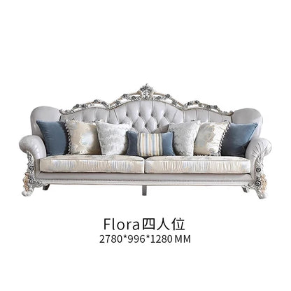 French light luxury living room large apartment first layer cowhide European solid wood carving flower three sofa combination