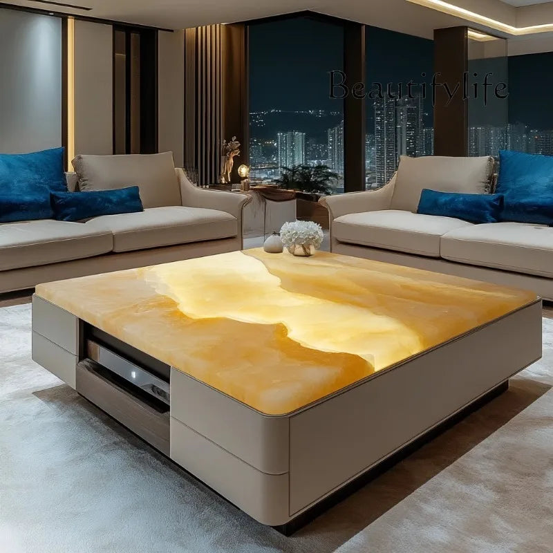 High-quality luminous jade coffee table living room custom square modern design luxury stone light luxury villa